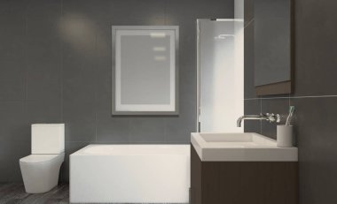 Geniş banyo, temiz, güzel, lüks, parlak oda. 3D render. Boş resim