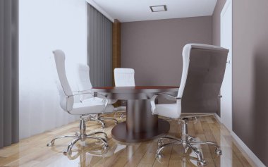 Koyu ahşap tablolar bir sıra ile bir ofis iç önden görünümü. 3D render.