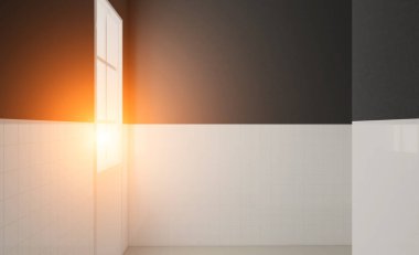 Boş oda. 3D render. Günbatımı.