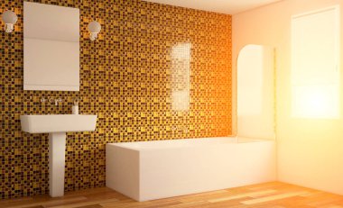 Banyo iç küvet. 3D render. Günbatımı.