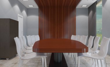 Ahşap masa konferans salonu. 3D render.