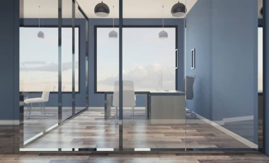 Ahşap masa konferans salonu. 3D render.