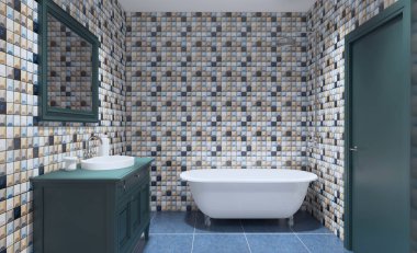 Doğal ışığı olan temiz ve taze bir banyo. 3B görüntüleme.