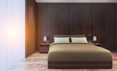 Işık, şirin ve rahat ev yatak odası iç. 3D render günbatımı