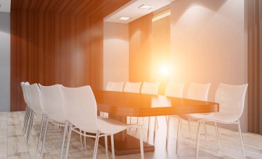 Açık alan ofis iç konferans odası gibi. Mockup. 3D render. Günbatımı