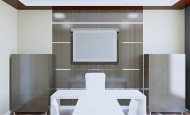 Açık alan ofis iç konferans odası gibi. Mockup. 3D render.