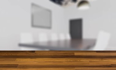 boş ahşap masa. Döşeme. Ahşap masa konferans salonu. 3D render... Boş resim sergisi