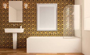 Geniş banyo, temiz, güzel, lüks, parlak oda. 3D render. Boş resim sergisi.