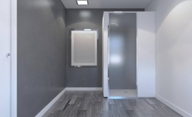 Geniş banyo, temiz, güzel, lüks, parlak oda. 3D render. Boş resim sergisi