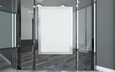 Ahşap masa konferans salonu. 3D render... Boş resim sergisi