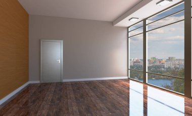 Koyu ahşap tablolar bir sıra ile bir ofis iç önden görünümü. 3D render.