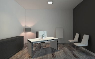 Açık alan ofis iç konferans odası gibi. Mockup. 3D render.