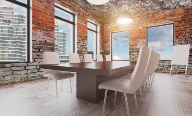 Tuğla duvar. Modern ofis dolabı. 3D render.