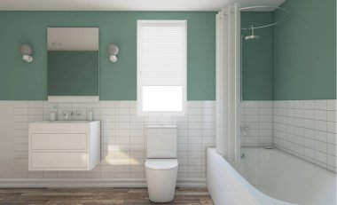 Modern banyo büyük pencere ile. 3D render.