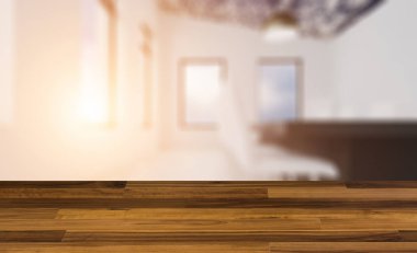 boş ahşap masa. Döşeme. Ahşap masa konferans salonu. 3D render.