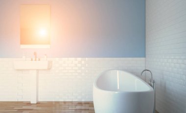 Modern banyo banyo ve lavabo dahil olmak üzere. 3D render. Günbatımı