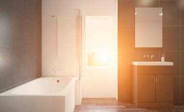 Soyut tuvalet ve banyo iç arka plan için. 3D render. Güneş
