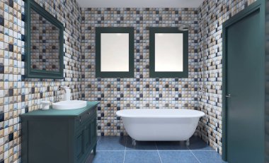 İskandinav banyo, Klasik vintage iç tasarım. 3D render... Boş resim sergisi