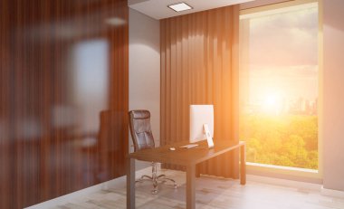 Ahşap masa konferans salonu. 3D render. Günbatımı