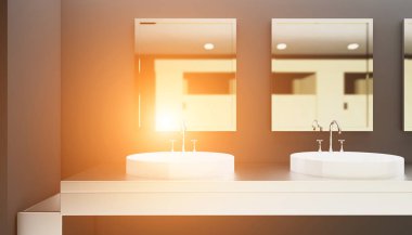 Umumi tuvalet oda ile ahşap bölümü boş temiz. 3D render. Günbatımı