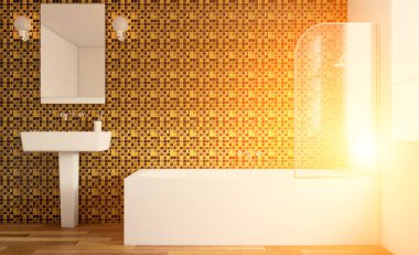 Geniş banyo, temiz, güzel, lüks, parlak oda. 3D render. Günbatımı.