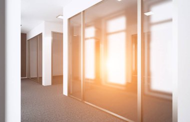 Modern ofis dolap boş. Toplantı odası. 3D render. Günbatımı.