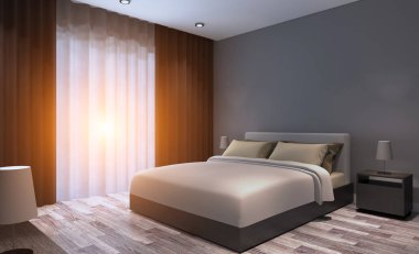 Modern yatak odası tasarımı, Çift kişilik yatak. 3D render günbatımı