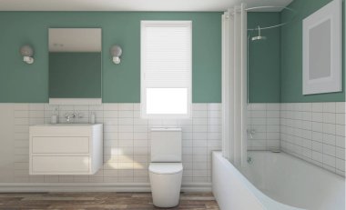 Modern banyo büyük pencere ile. 3D render... Boş resim.