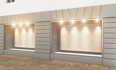 Eski evde alışveriş. 3D render. Işıklar penceresinde... Boş tabak