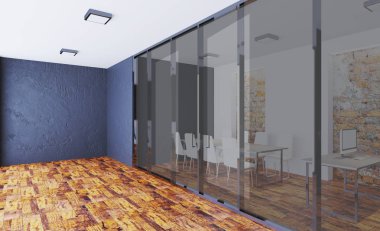 3D render. İş Merkezi. Ofis Yöneticisi büyük panoramik cam bölmeler ile. Toplantı Salonu