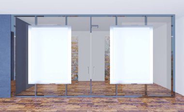 3D render. İş Merkezi. Bir modern boş ofis büyük cam bölmeler. Toplantı odası. Boş resim sergisi. Mockup.