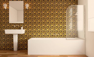 Gri modern banyo havlu ile duran banyo. 3D render.