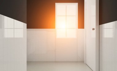 Modern banyo banyo ve lavabo dahil olmak üzere. 3D render. Günbatımı.