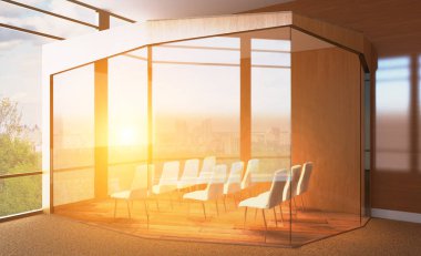 Ahşap masa konferans salonu. 3D render... Günbatımı