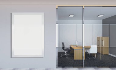 Koyu ahşap tablolar bir sıra ile bir ofis iç önden görünümü. 3D render... Boş resim sergisi