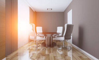 Açık alan ofis iç konferans odası gibi. Mockup. 3D render. Günbatımı