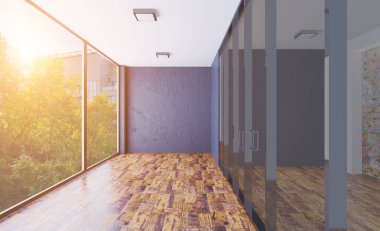3D render. İş Merkezi. Bir modern boş ofis büyük cam bölmeler. Toplantı odası. Günbatımı.