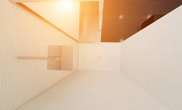 Mosaikwände Modernes Badezimmer Mit Großem Fenster Darstellung Sonnenuntergang — Stockfoto