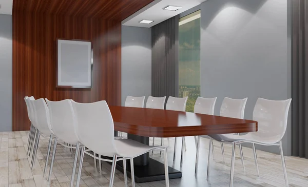 Front View Office Interior Row Dark Wood Tables Rendering Empty — Stock Photo, Image