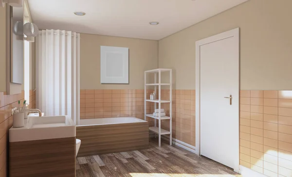 Modern Banyo Büyük Pencere Ile Render Boş Resim — Stok fotoğraf