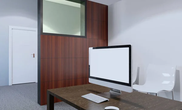 Front View Office Interior Row Dark Wood Tables Rendering — Stock Photo, Image