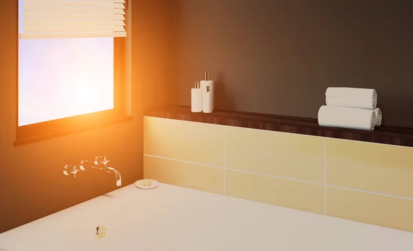 Banheiro Moderno Incluindo Banheira Pia Renderização Pôr Sol — Fotografia de Stock