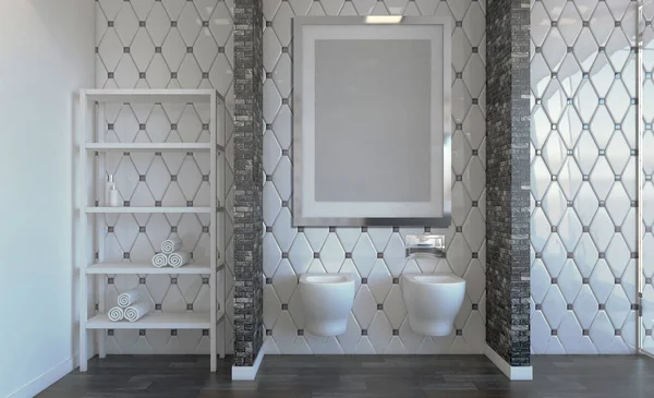Scandinavian bathroom, classic  vintage interior design. 3D rendering. Empty paintings