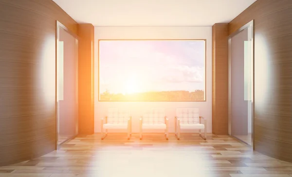Büroinnenraum Mit Ähnlichem Konferenzraum Attrappe Darstellung Sonnenuntergang — Stockfoto