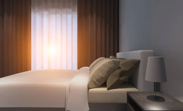 Bed at hotel room. 3D rendering Sunset