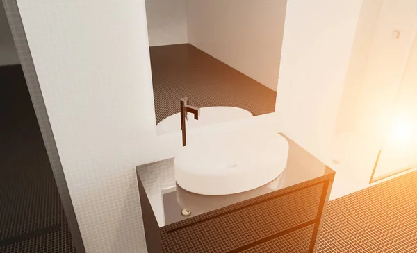 Mozaik Duvarları Modern Banyo Büyük Pencere Ile Render Günbatımı — Stok fotoğraf