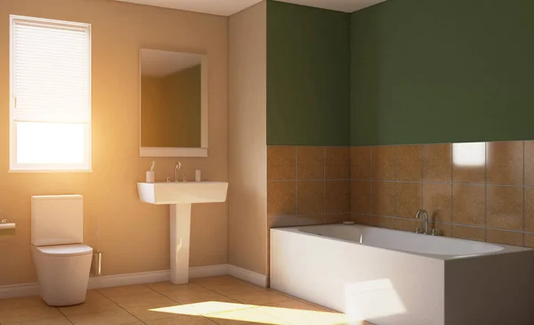 Cuarto Baño Moderno Con Ventana Grande Representación Puesta Del Sol — Foto de Stock