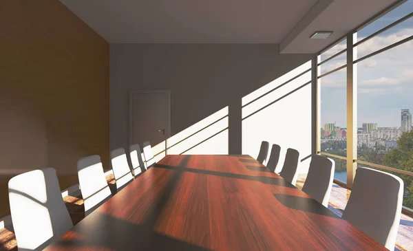 Sunset Conference room with wooden table. 3D rendering.