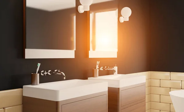 Banheiro Moderno Com Grande Janela Renderização Pôr Sol — Fotografia de Stock