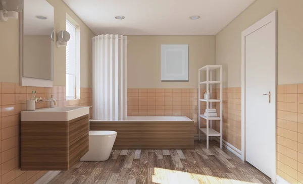 Moderní Koupelna Velkým Oknem Vykreslování Prázdný Obrázek — Stock fotografie